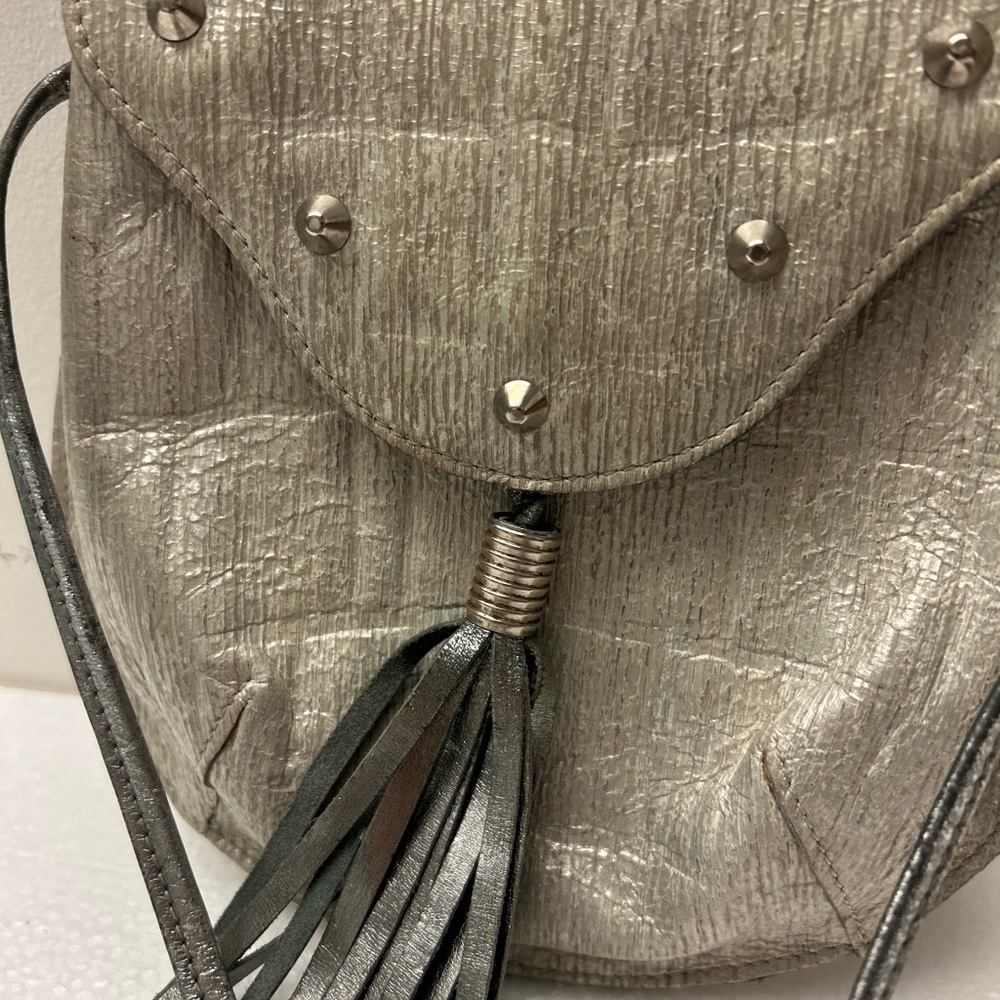 Leather Miss Mak Silver Textured Small Bag with Tassel and Studs